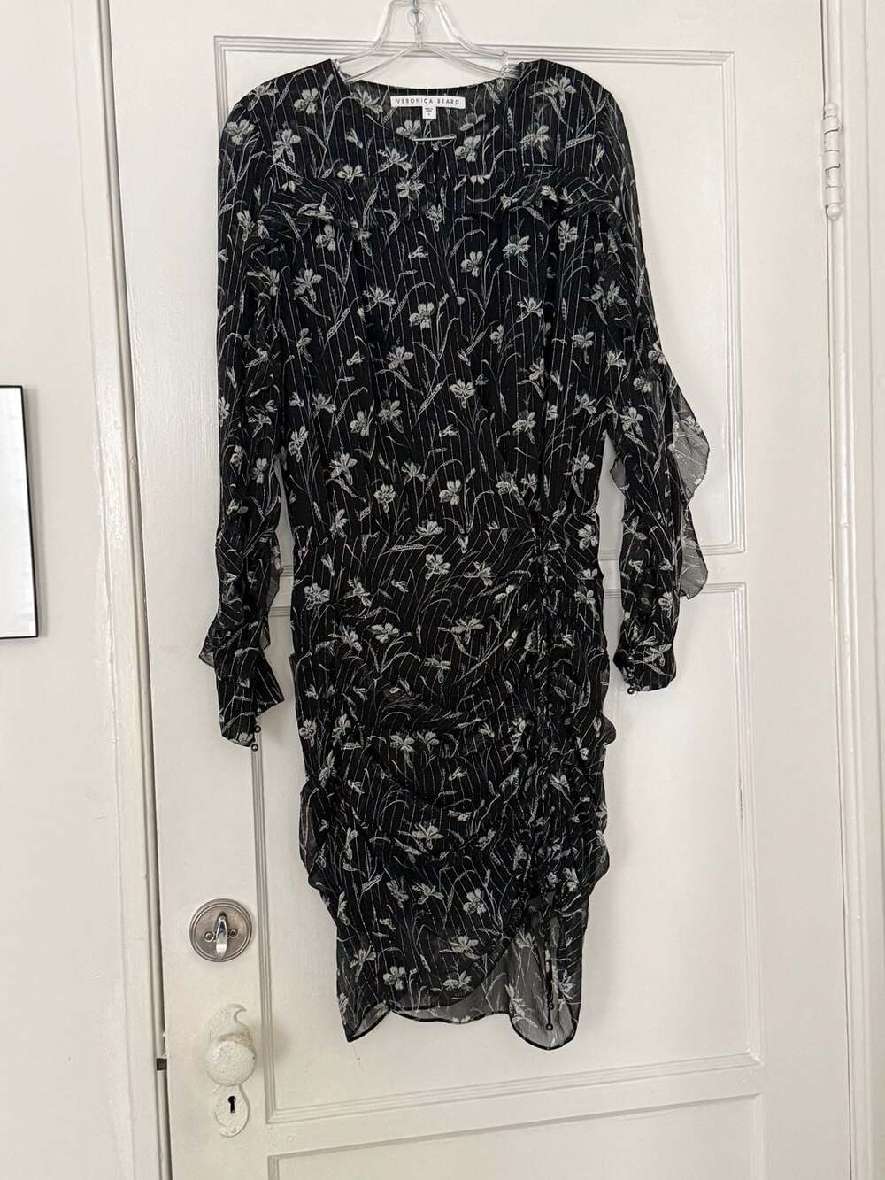 Veronica Beard Black Metallic Silk Floral Print Fitzgerald Ruched Dress Size 4